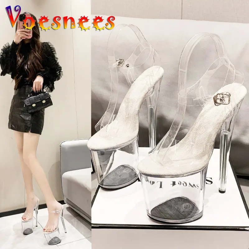 20CM PVC Anti-skid Pole Dance Pumps Women's Thin Heel Sexy Transparent Crystal Shoes Waterproof Platform 17CM High Heels Sandals