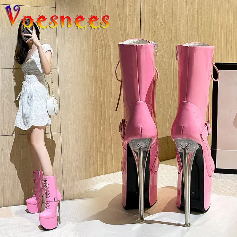 Fashion Women Shoes 19CM Super High Heel Mid-Calf Boots Plus Size Transparent Heel Short Boots Buckle Strap Zip Nightclub Heels