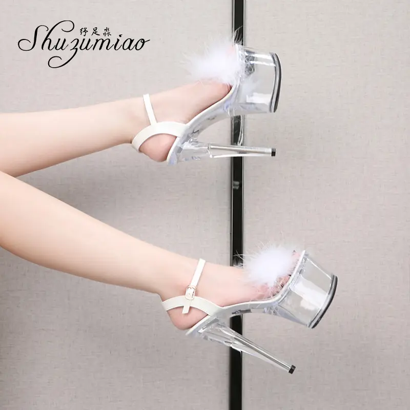 Shuzumiao 2021 Summer New Women Shoes Fur Transparent Platforms Sandals High Heels16.5CM Thin Heels Female Party Pole Dance Shoe