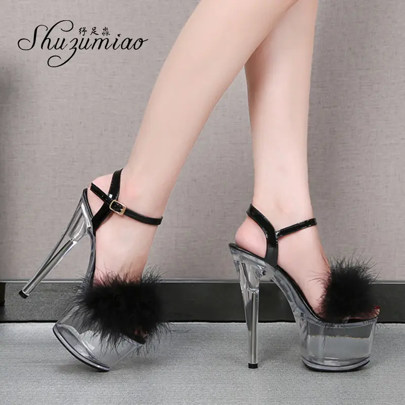 Shuzumiao 2021 Summer New Women Shoes Fur Transparent Platforms Sandals High Heels16.5CM Thin Heels Female Party Pole Dance Shoe