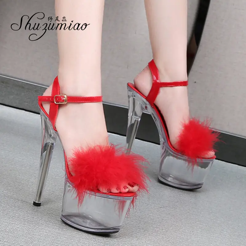 Shuzumiao 2021 Summer New Women Shoes Fur Transparent Platforms Sandals High Heels16.5CM Thin Heels Female Party Pole Dance Shoe