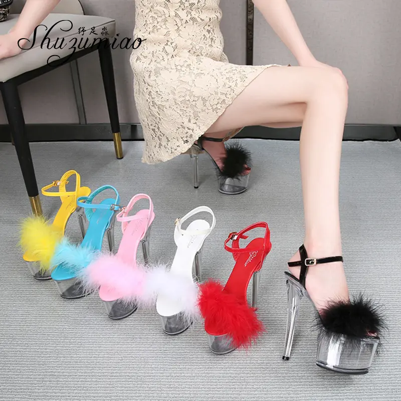 Shuzumiao 2021 Summer New Women Shoes Fur Transparent Platforms Sandals High Heels16.5CM Thin Heels Female Party Pole Dance Shoe