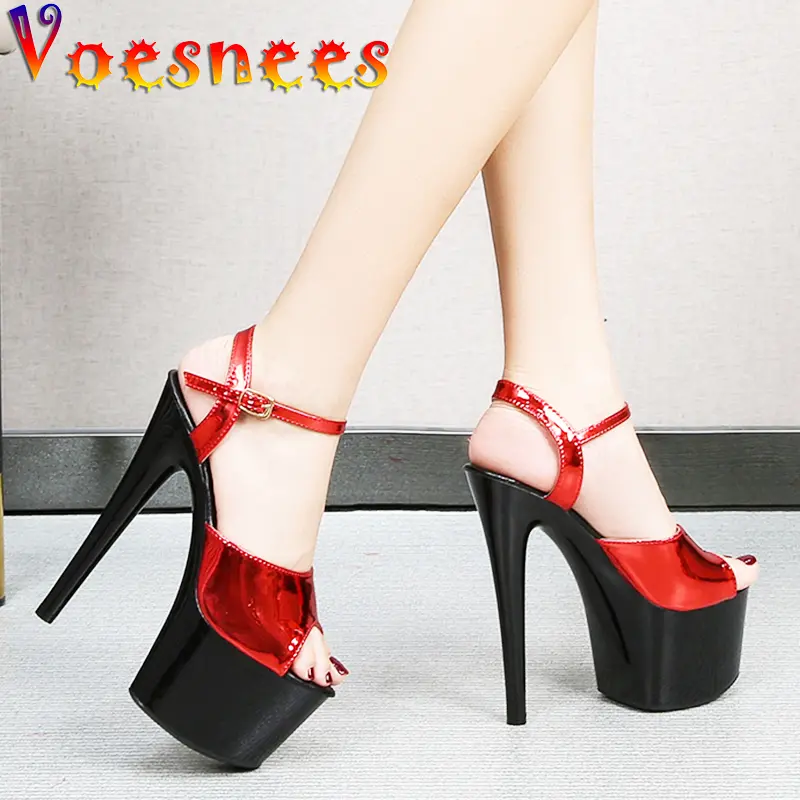 Voesnees Women Gladiator Shoes Sexy Black Platform 17CM High Heels Modern Sandals Summer Party Shoes Pole Dancing Buckle Size 43