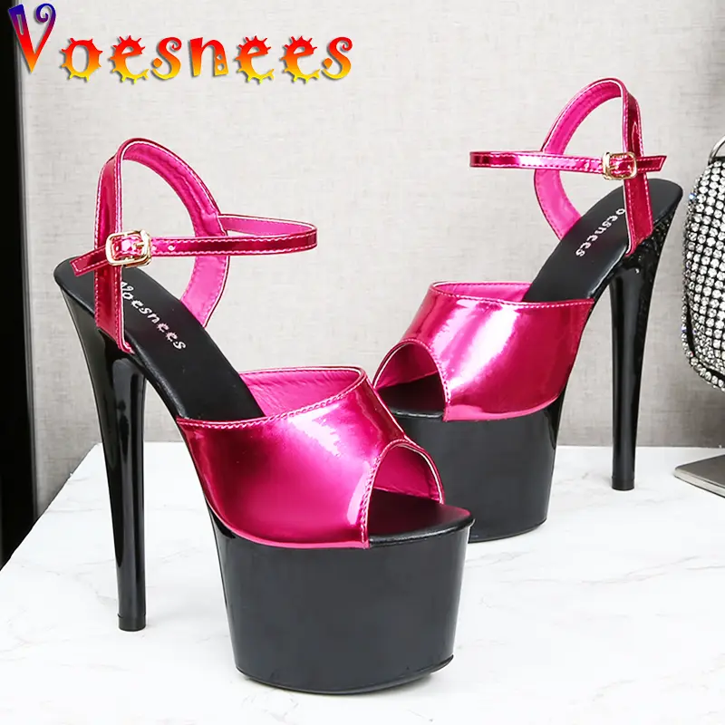 Voesnees Women Gladiator Shoes Sexy Black Platform 17CM High Heels Modern Sandals Summer Party Shoes Pole Dancing Buckle Size 43