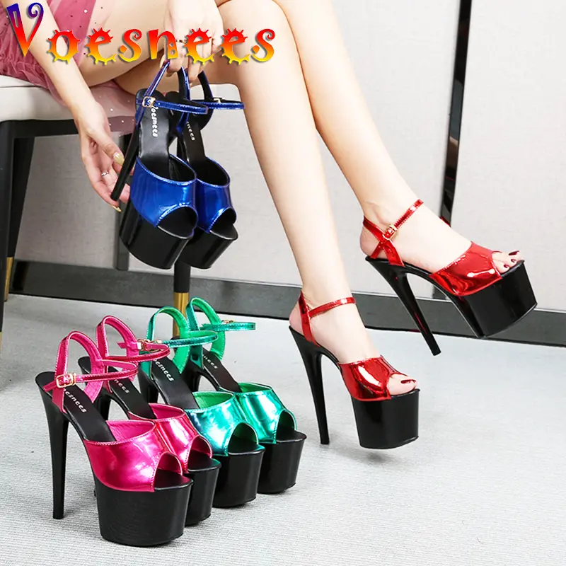 Voesnees Women Gladiator Shoes Sexy Black Platform 17CM High Heels Modern Sandals Summer Party Shoes Pole Dancing Buckle Size 43