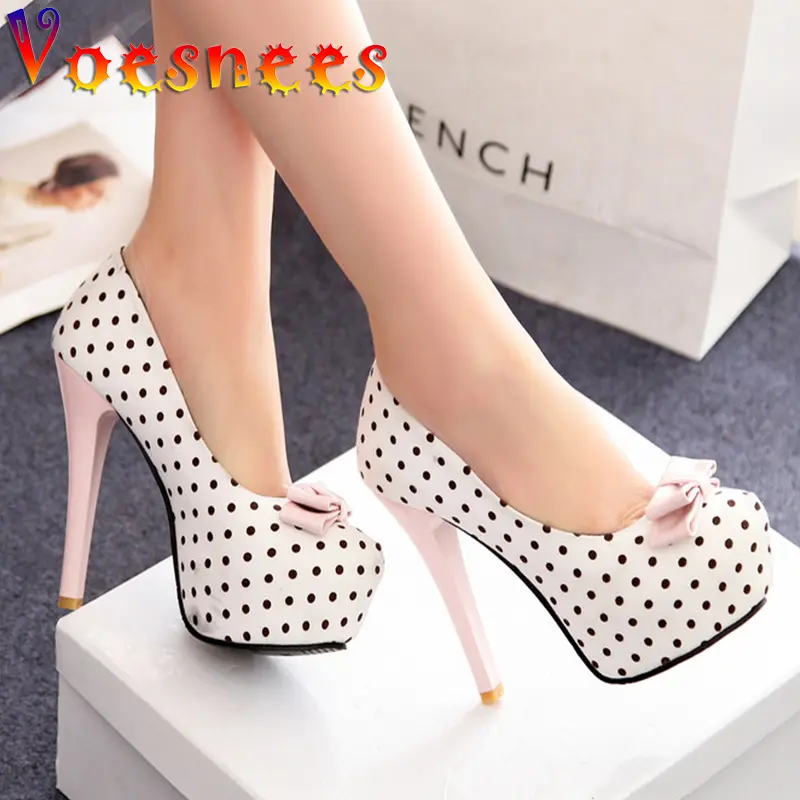 Women's Pumps 2021 Spring Autumn New Sweet Polka Dot High-Heeled Round Toe Single Shoes Bow Thin Heels Plus Size Female Shoes