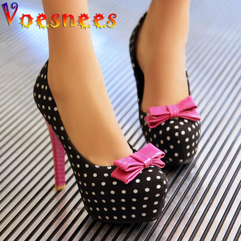 Women's Pumps 2021 Spring Autumn New Sweet Polka Dot High-Heeled Round Toe Single Shoes Bow Thin Heels Plus Size Female Shoes