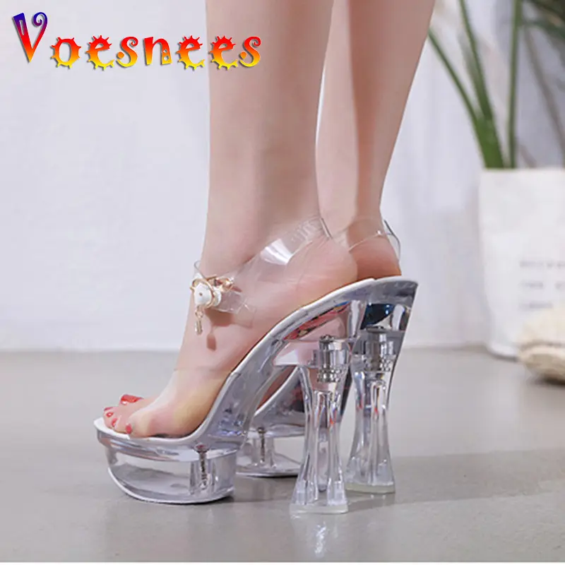 Women Sandals Female Model T Station Catwalk Sexy Crystal Transparent Women Shoes 14CM High Heels Waterproof Square Heel Sandals