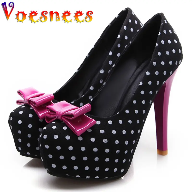Women's Pumps 2021 Spring Autumn New Sweet Polka Dot High-Heeled Round Toe Single Shoes Bow Thin Heels Plus Size Female Shoes