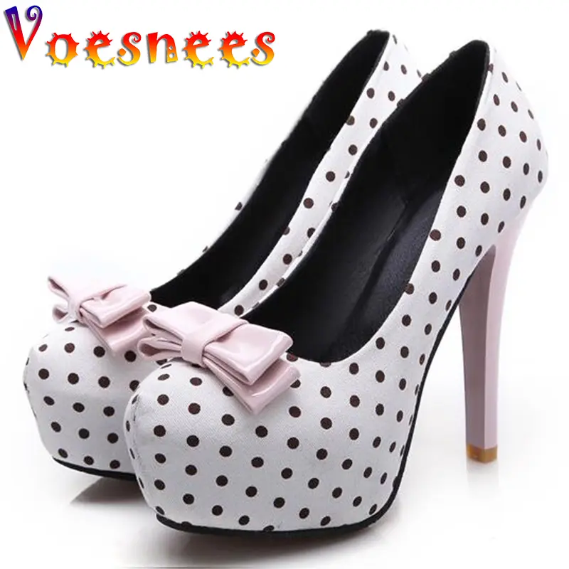 Women's Pumps 2021 Spring Autumn New Sweet Polka Dot High-Heeled Round Toe Single Shoes Bow Thin Heels Plus Size Female Shoes