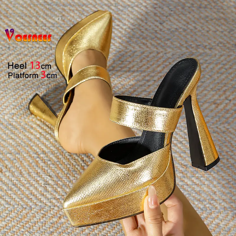 13CM High Heels Luxury Slippers For Ladies Fashion Slides Thick Platform Sandals Summer Pointed Toe Slip-on Women's Shoes Mules