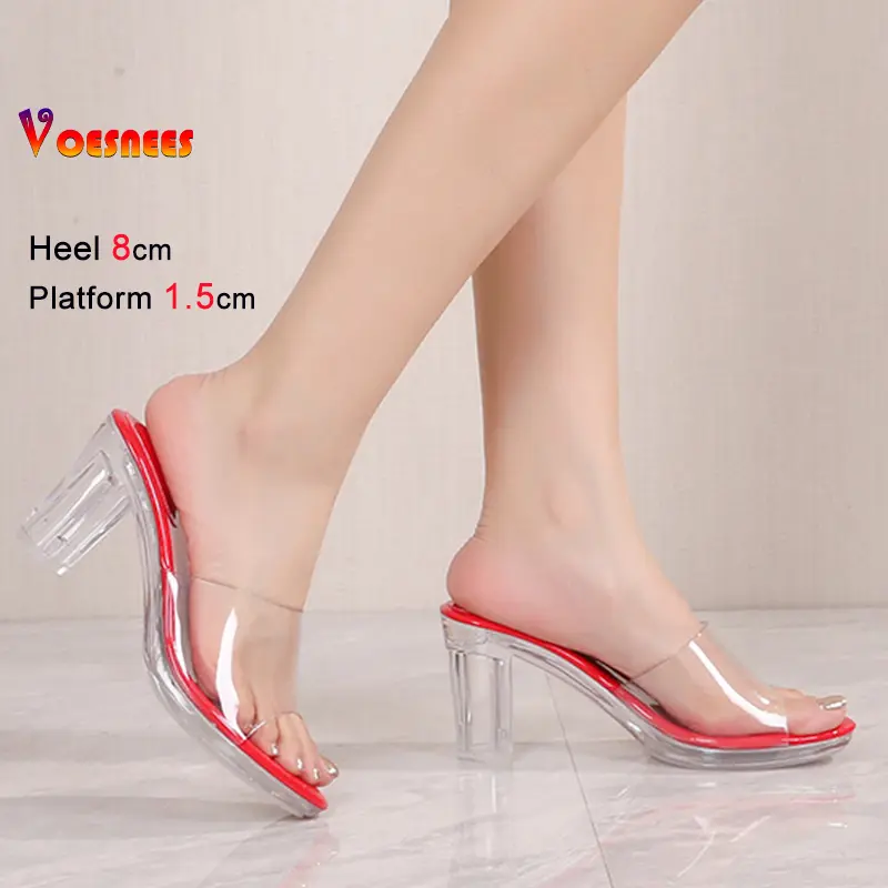 New Summer High Heel Slippers 8CM Crystal Heel Transparent PVC Women's High Quality Casual Sandals Fashion Party Shoes Outdoor