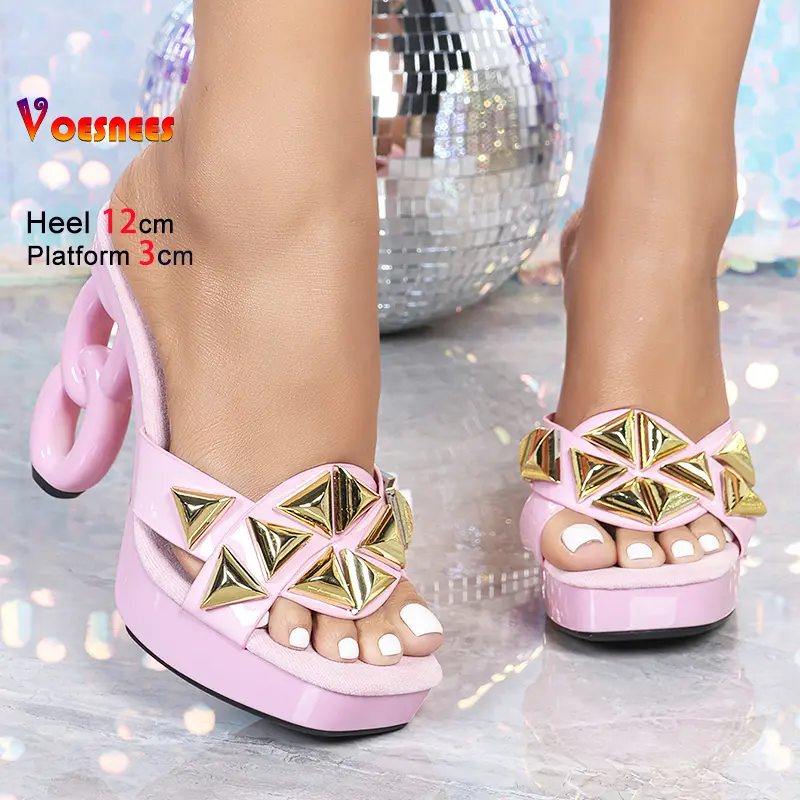 2025 New Thick Platform High Heel Summer Slippers For Women 12CM Strange Style T Show Shoes Designer Square Toe Slip-on Sandals