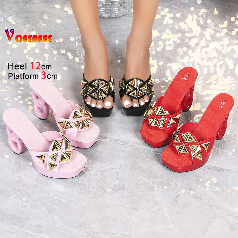 2025 New Thick Platform High Heel Summer Slippers For Women 12CM Strange Style T Show Shoes Designer Square Toe Slip-on Sandals