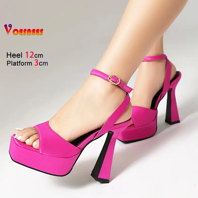 High-quality Satin Sandals 2025 Women Platform 12CM Super High Heels Europe and America Style Square Toe Summer Model Show Shoes