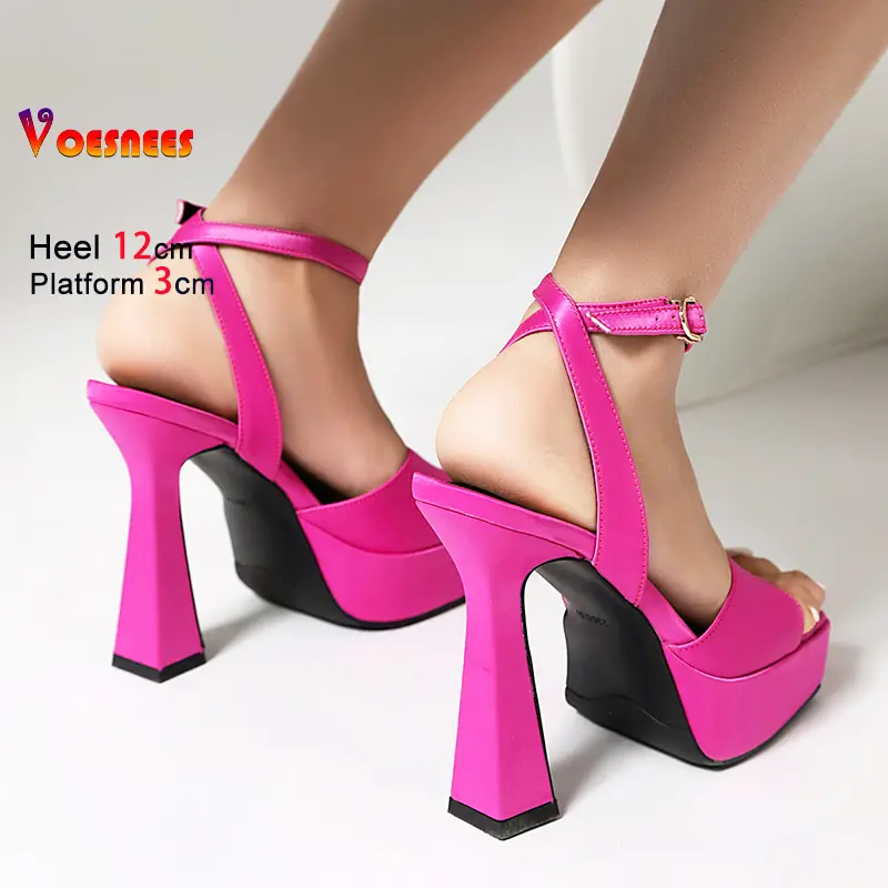 High-quality Satin Sandals 2025 Women Platform 12CM Super High Heels Europe and America Style Square Toe Summer Model Show Shoes