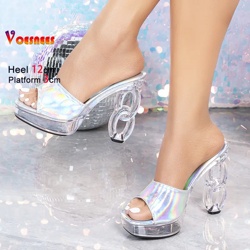 Clear Heels Comfort Ladies Shoes 12CM Strange Style Square Toe Women Platform Slippers 2025 Summer Model Show Silvery Sandals