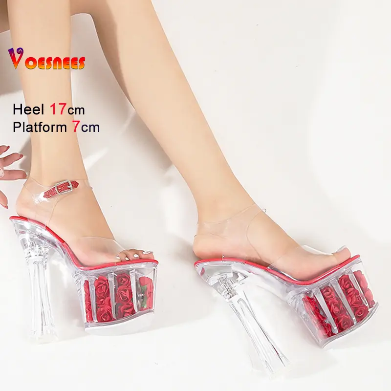 Women's Wedding Model Shoes Super High Thick Heels 17cm Waterproof Sandals with Transparent Crystal Rose Catwalk Nightclubs Shoe