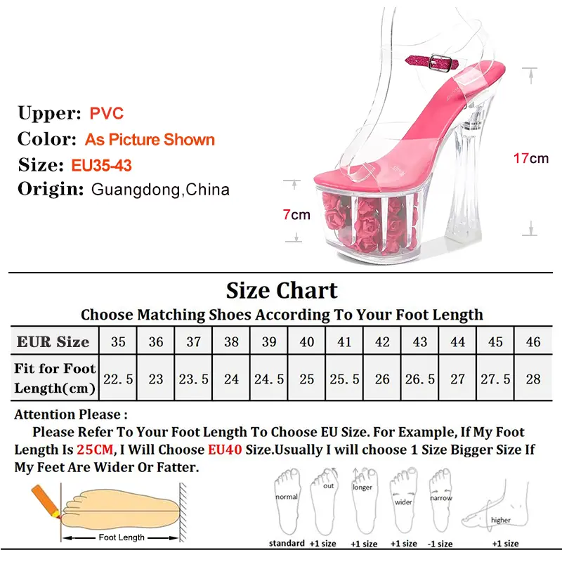 Women's Wedding Model Shoes Super High Thick Heels 17cm Waterproof Sandals with Transparent Crystal Rose Catwalk Nightclubs Shoe