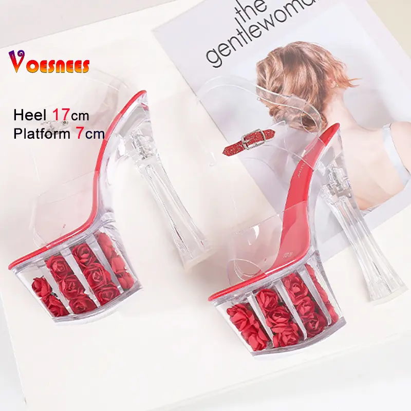 Women's Wedding Model Shoes Super High Thick Heels 17cm Waterproof Sandals with Transparent Crystal Rose Catwalk Nightclubs Shoe