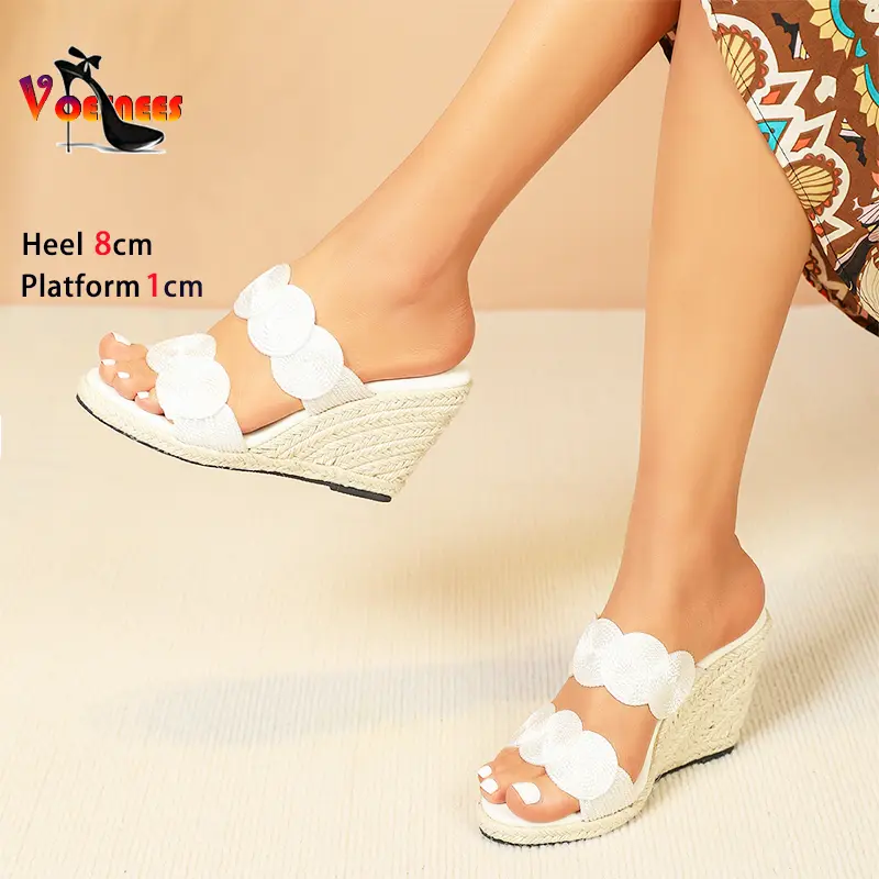 Grass Rope Wedges Slippers Women Platform Outdoors High Heels 8CM Summer Pointed End Slip-on Ladies Shoes 2024 New Party Sandals