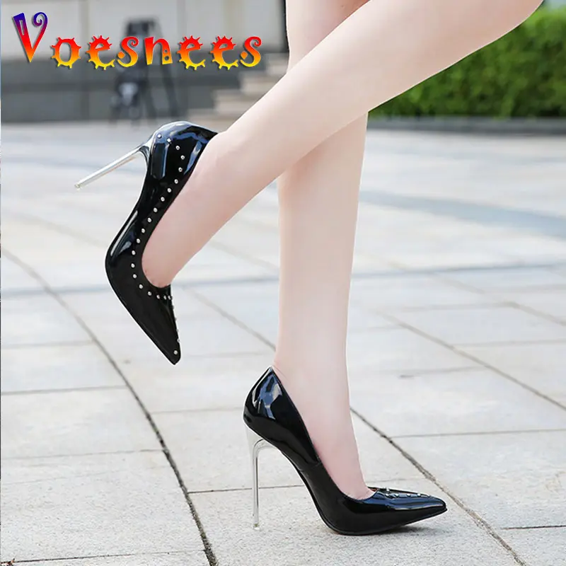 2025 Women Pointed End 11CM High Heel Pumps Sexy Nightclub Stiletto Single Shoes Metal Heels Rivets Studded Fashion Stage Shoes