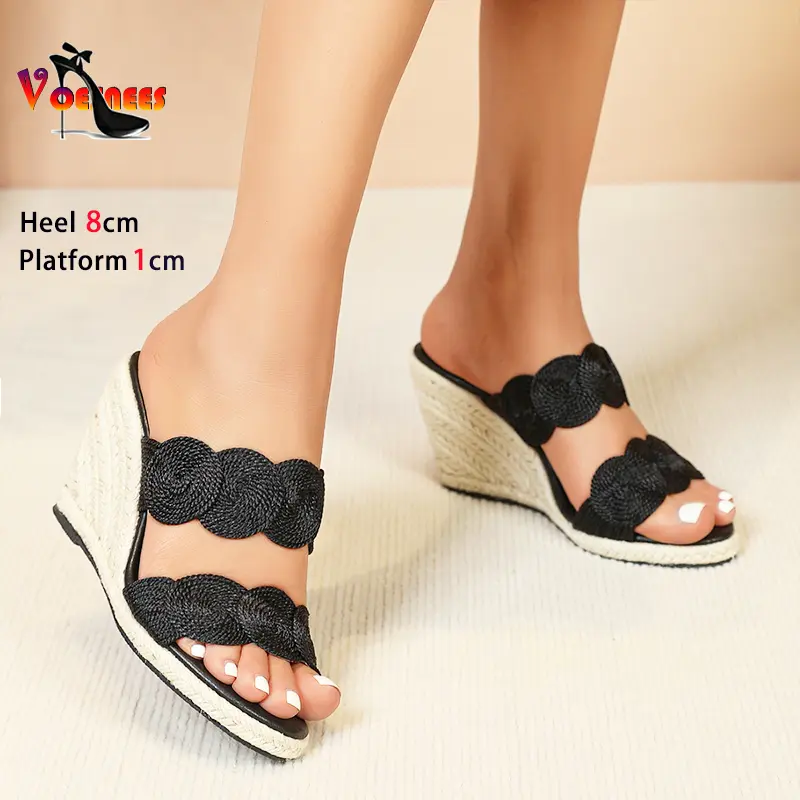 Grass Rope Wedges Slippers Women Platform Outdoors High Heels 8CM Summer Pointed End Slip-on Ladies Shoes 2024 New Party Sandals
