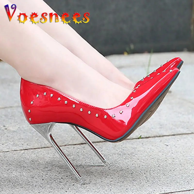 2025 Women Pointed End 11CM High Heel Pumps Sexy Nightclub Stiletto Single Shoes Metal Heels Rivets Studded Fashion Stage Shoes