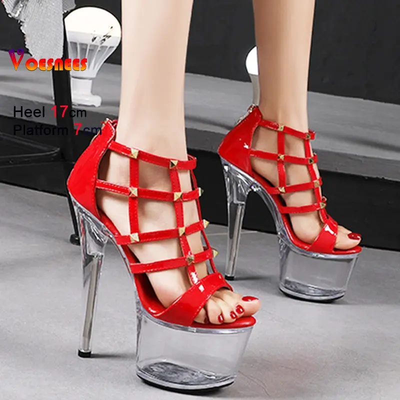 17CM Thin High Heels Hollow out Transparent Platform Sandals with Rivets for Women Summer Fashion Catwalk Nightclub Ladies Shoes