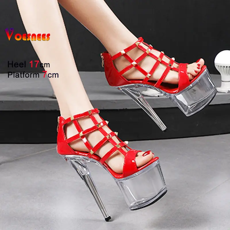 17CM Thin High Heels Hollow out Transparent Platform Sandals with Rivets for Women Summer Fashion Catwalk Nightclub Ladies Shoes