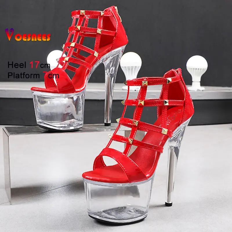 17CM Thin High Heels Hollow out Transparent Platform Sandals with Rivets for Women Summer Fashion Catwalk Nightclub Ladies Shoes