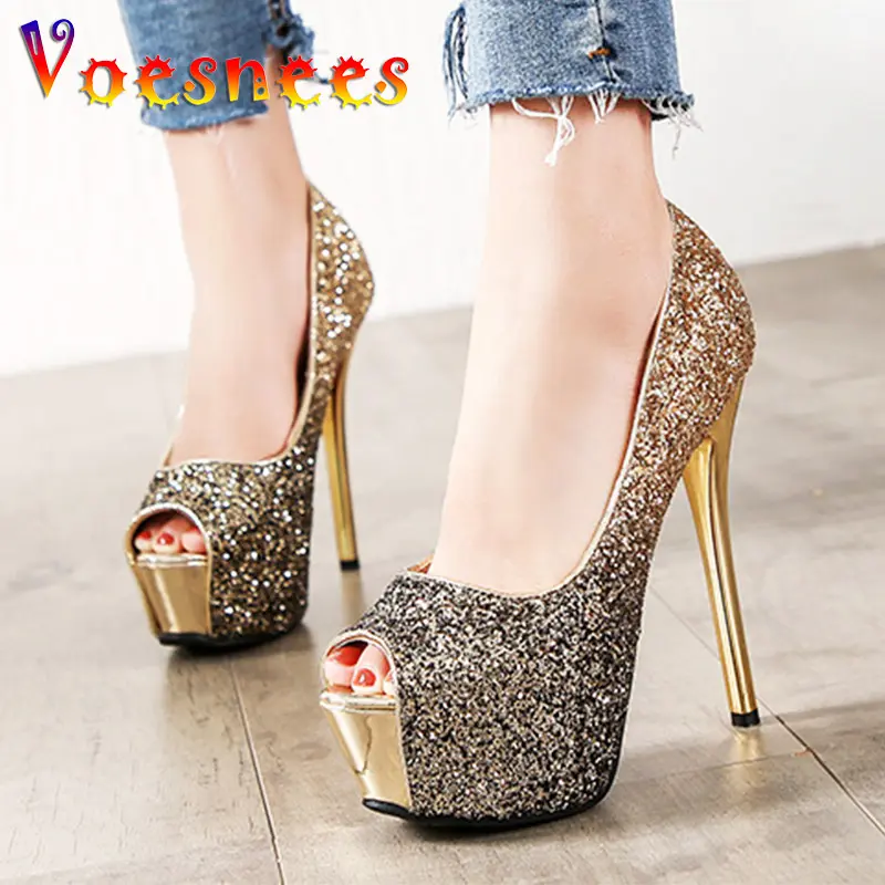 Fashion Sequin Fish Mouth High Heels With Gradient Color Trend Women's Shoes European And American Sexy Thin Heels Single Pumps