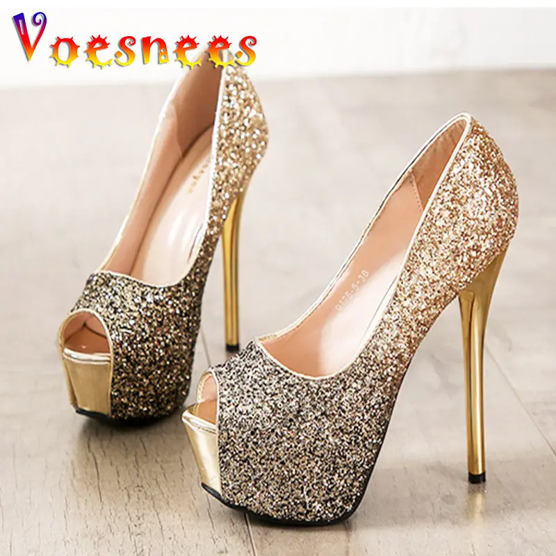 Fashion Sequin Fish Mouth High Heels With Gradient Color Trend Women's Shoes European And American Sexy Thin Heels Single Pumps