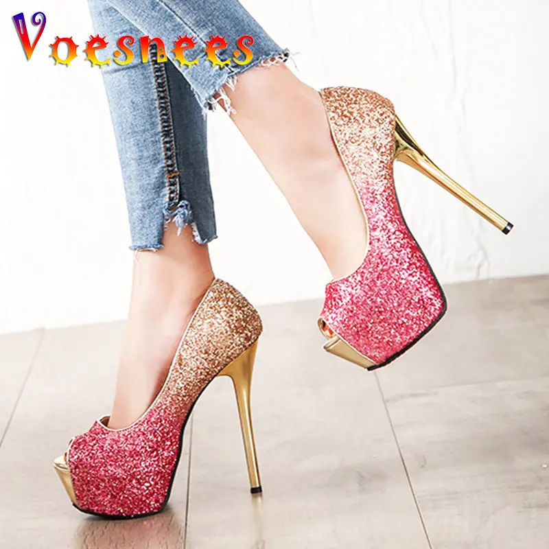 Fashion Sequin Fish Mouth High Heels With Gradient Color Trend Women's Shoes European And American Sexy Thin Heels Single Pumps