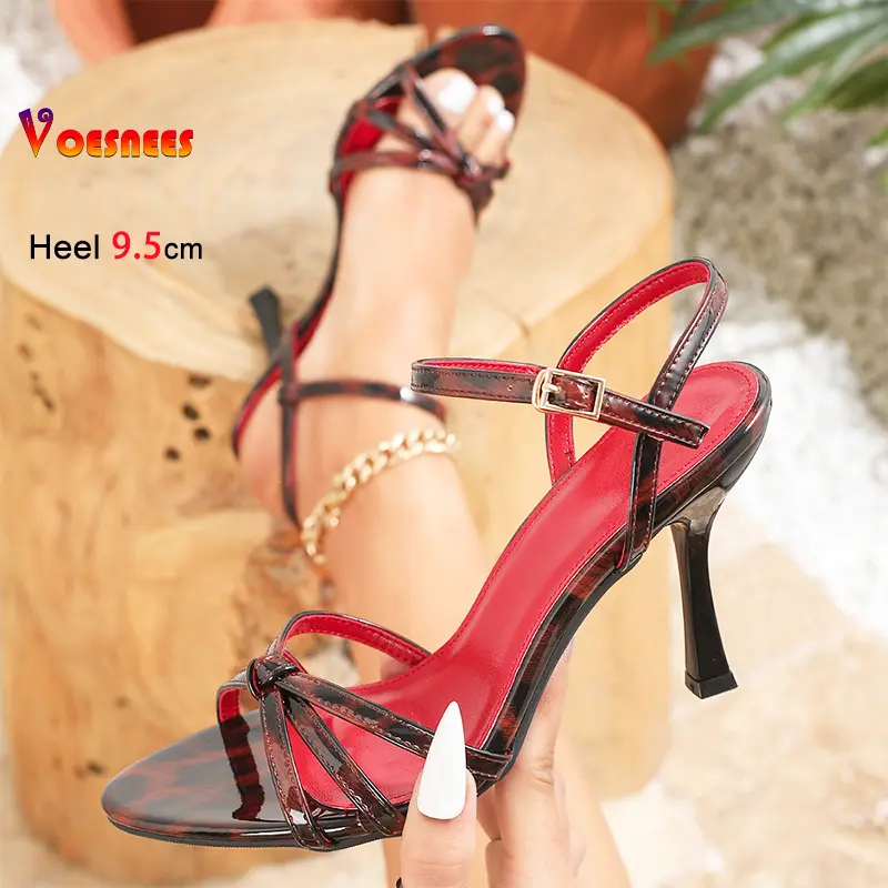 2025 New Leopard Print Sandals 9.5CM Stiletto Fashion Narrowband Summer Party Dress Shoes For Women Outdoors Buckle Strap Heels