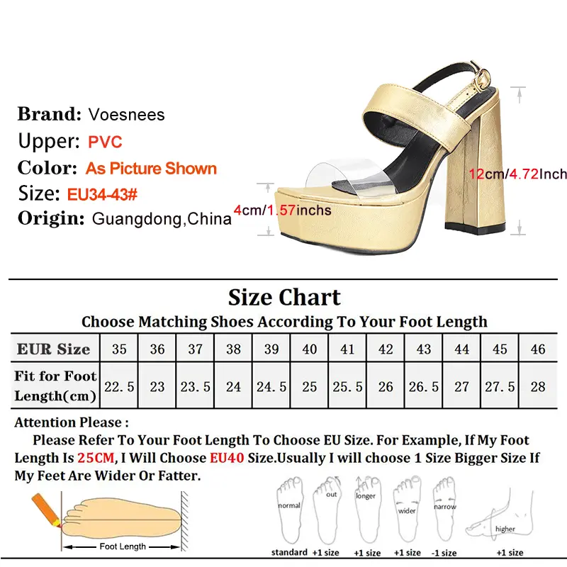 Plus Size Transparent PVC Sandals For Women 12CM Luxury Square Toe Gold Fetish Shoes Platform High Heels Nightclub Party Wear