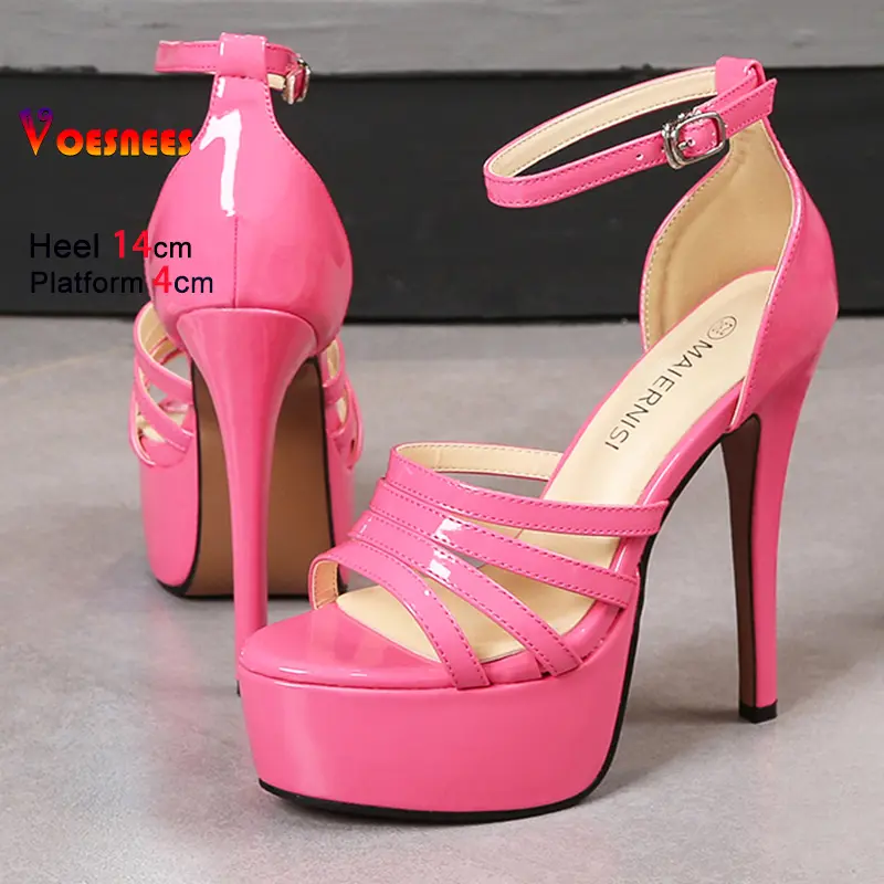 2025 Summer 14CM High Heels Elegant Women's Fashion Hollow Out Party Shoes Waterproof Platform Cover Heel Nightclub Pink Sandals