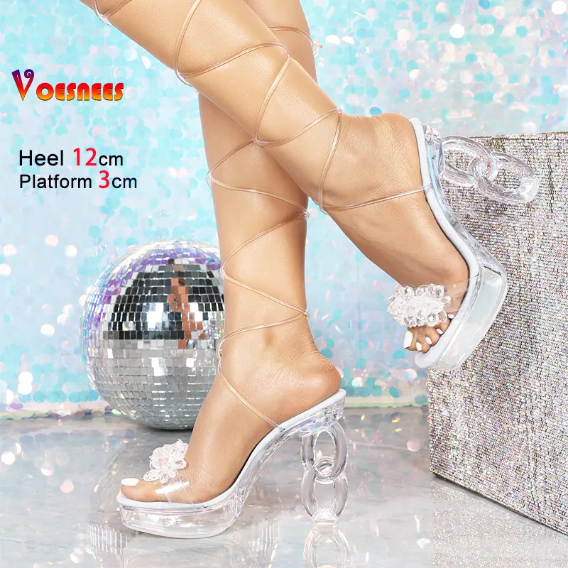 Lace-up Sandals Women Hollow High Heels Square Toe 12CM Summer Nightclub Party Shoes Transparent Ankle Strap Sexy Crystal Sandal