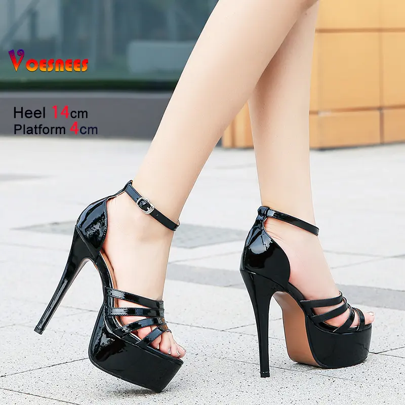 2025 Summer 14CM High Heels Elegant Women's Fashion Hollow Out Party Shoes Waterproof Platform Cover Heel Nightclub Pink Sandals