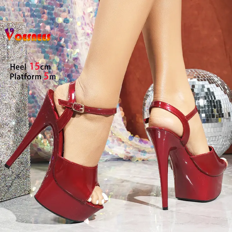 Summer Sexy 15CM Women Wine Red Patent Leather Thick Bottom Peep Toe Platform Sandals Designer High Heels Party Dress Shoes