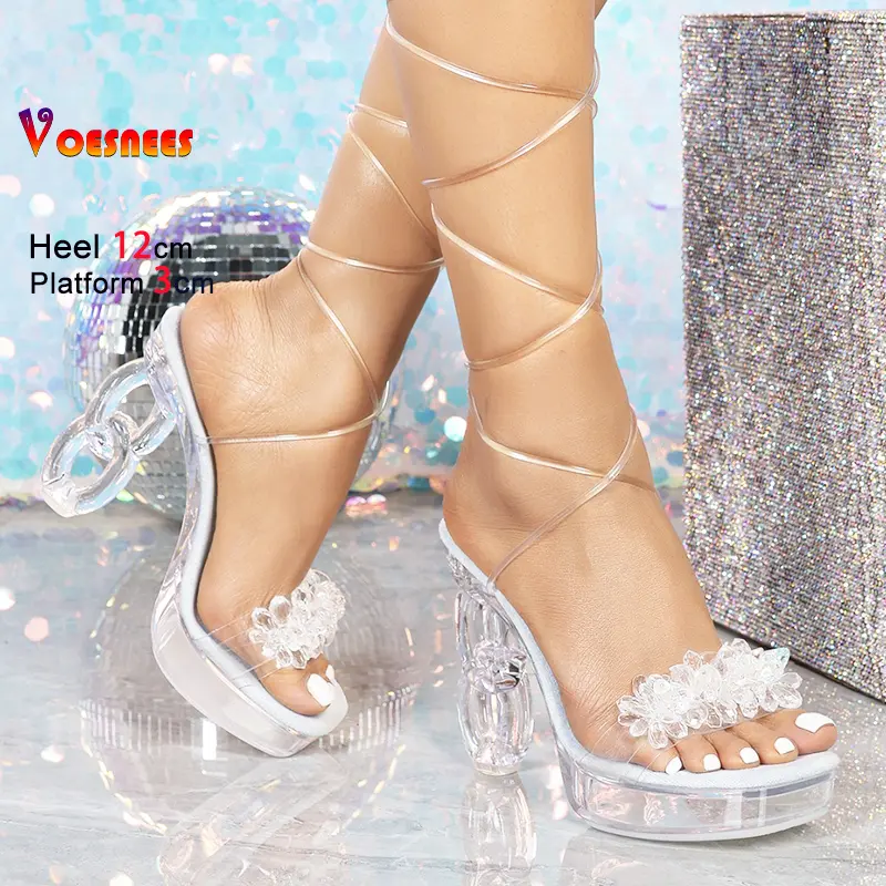 Lace-up Sandals Women Hollow High Heels Square Toe 12CM Summer Nightclub Party Shoes Transparent Ankle Strap Sexy Crystal Sandal