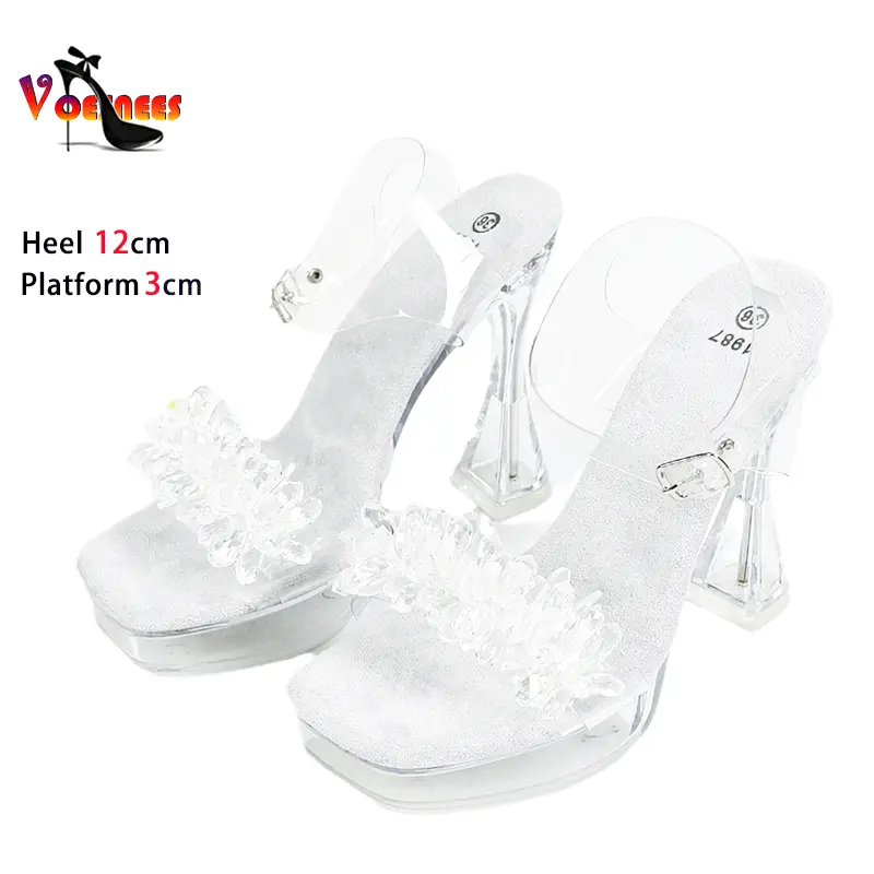 Transparent PVC Sandals For Women 12CM High Heels Square Toe Clear Platform Crystal Sandals Lady Summer Buckle Strap Shoes Mujer