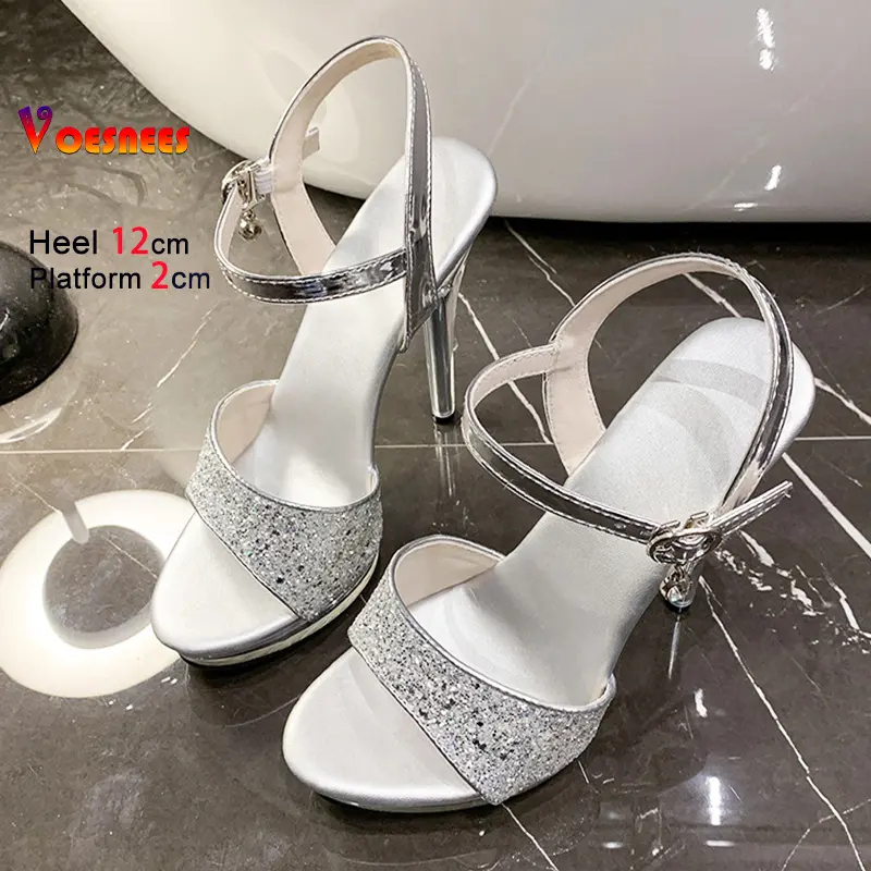 12CM High Heels Fairy style Blingbling Sequin Buckle Strap Sandals 2025 Summer Women Elegant Stiletto Large Size Crystal Shoes