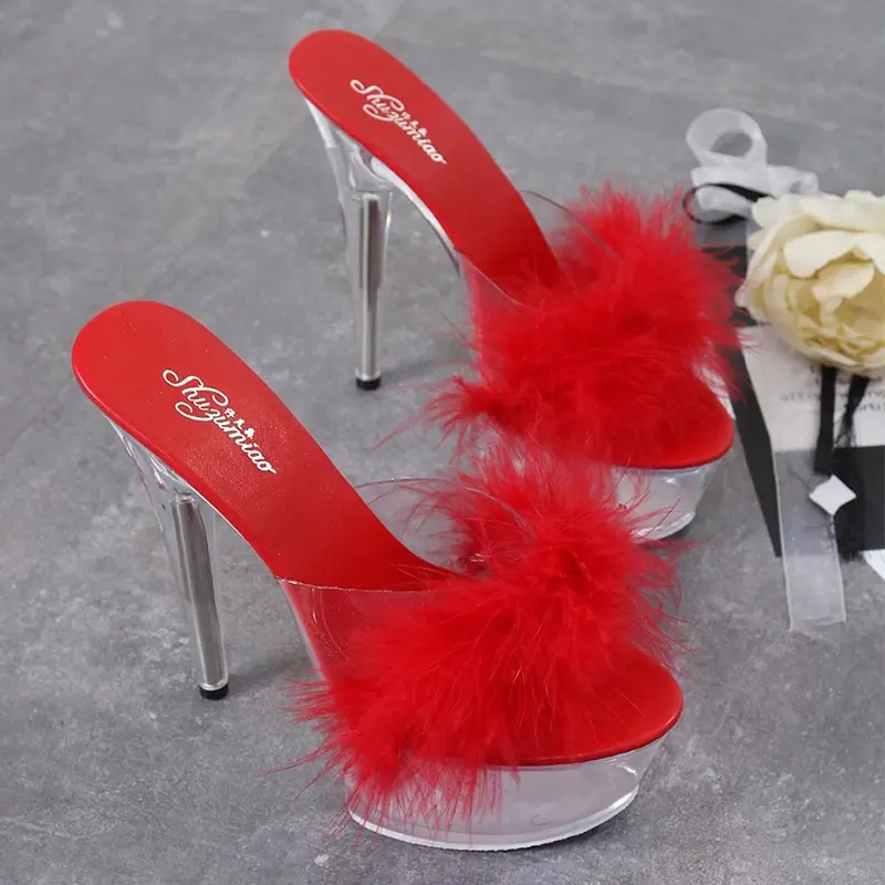 Shuzumiao Shoes Women 2020 Fur Sexy High Heel Slippers 15cm Fine With Waterproof Plartform Sandals Crystal Shoes Wedding Banquet