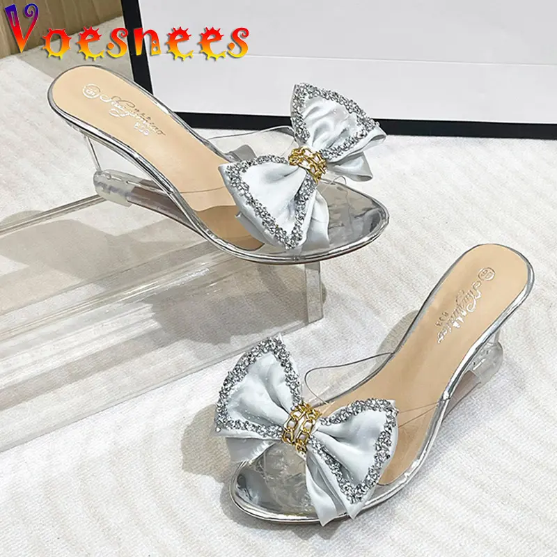New High Heels Summer Slippers Fashion Elegant Party Transparent Women Shoes Satin Big Bow Wedge Sandals 8CM Pink Pumps Size 43