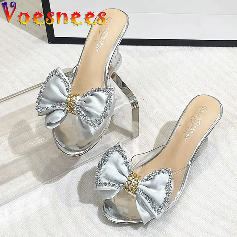 New High Heels Summer Slippers Fashion Elegant Party Transparent Women Shoes Satin Big Bow Wedge Sandals 8CM Pink Pumps Size 43