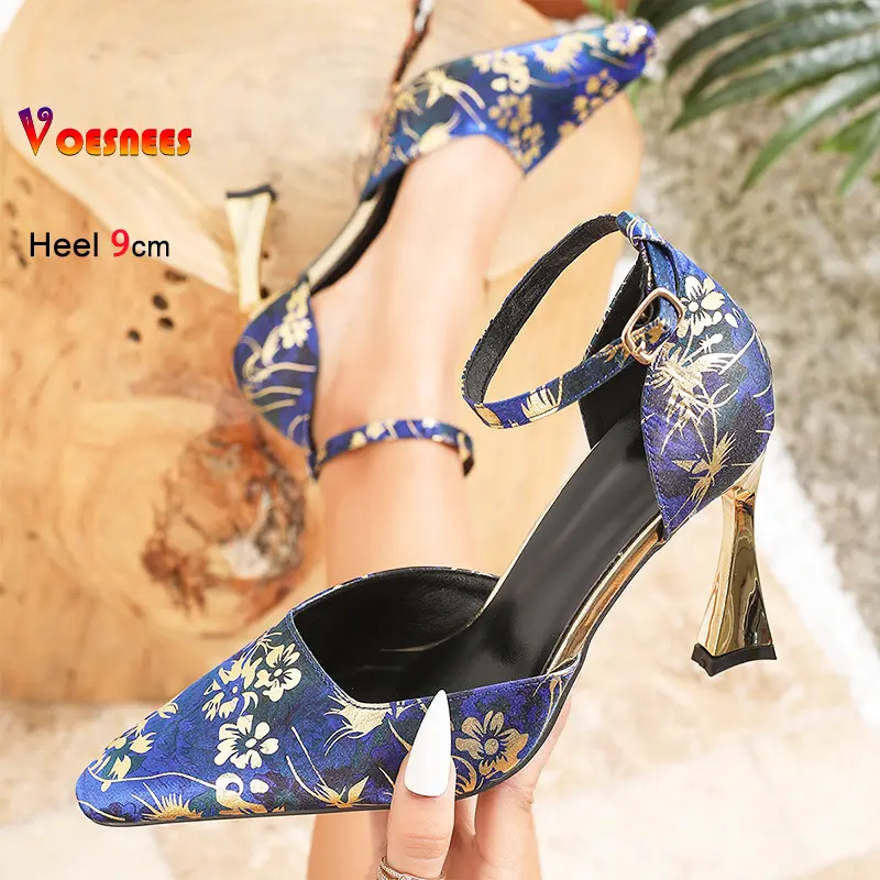 Women Pumps Designer 2025 New Side Empty Buckle Strap High Heels Plus Size 46 High-quality Satin Square Toe Party Ladies Shoes