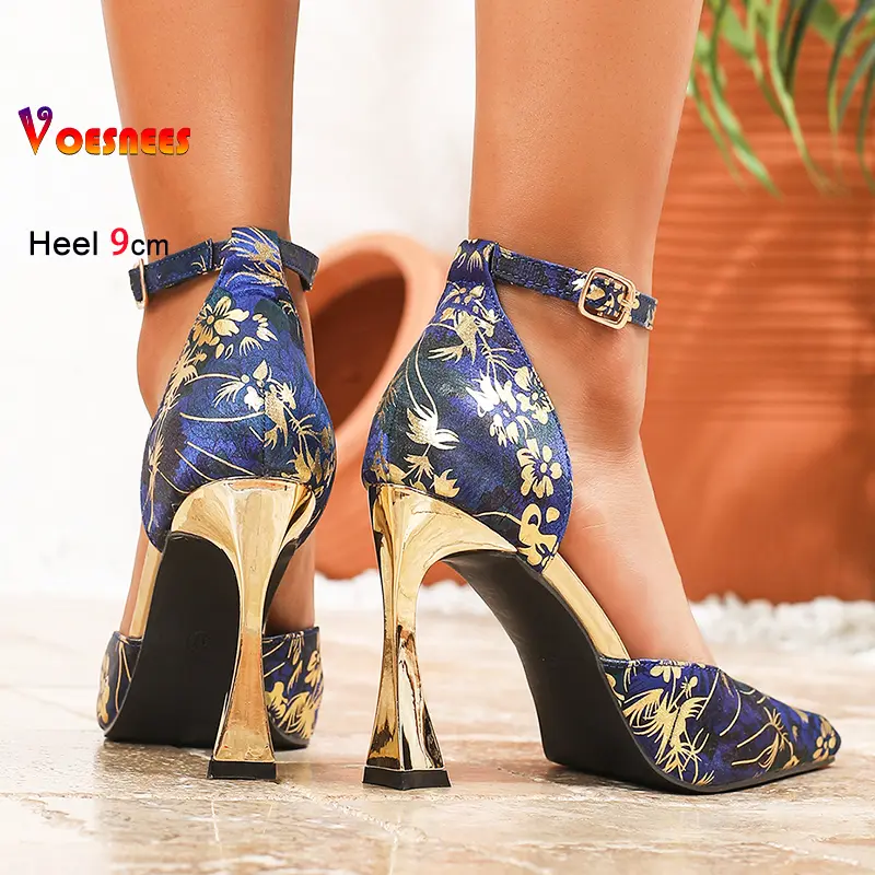 Women Pumps Designer 2025 New Side Empty Buckle Strap High Heels Plus Size 46 High-quality Satin Square Toe Party Ladies Shoes