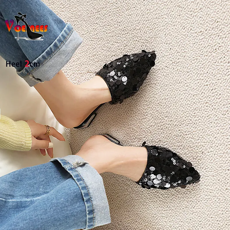 Mules 2CM High Heels Comfort Luxury Low Heel Summer Lady Shoes Designer Women Fashion Sequin Slides Sandals Pointed Toe Slippers