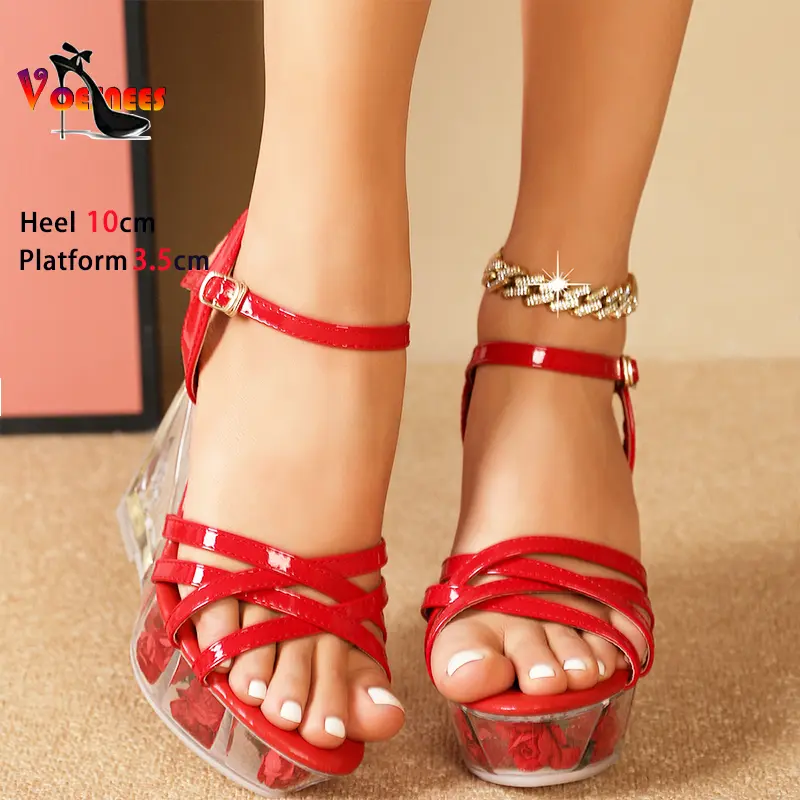 2024 New 10CM Wedges Sandals Summer Fashion Narrow band Party Women's Shoes Crystal Transparency Platform Nightclub High Heels